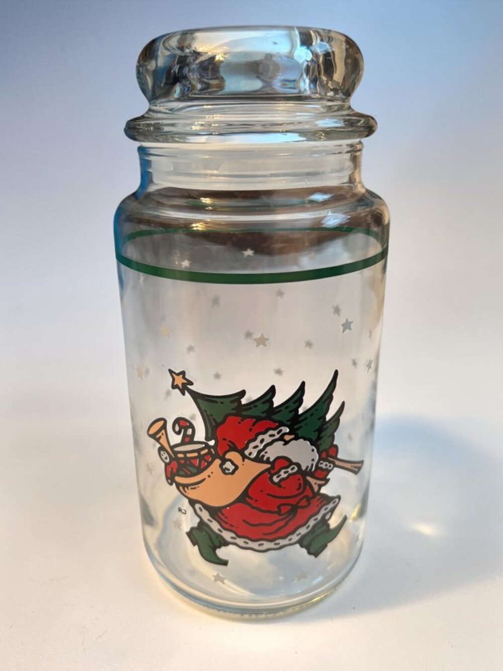 Vintage Christmas Glass Jar With Lid Santa Design Clear Holiday Storage 1990